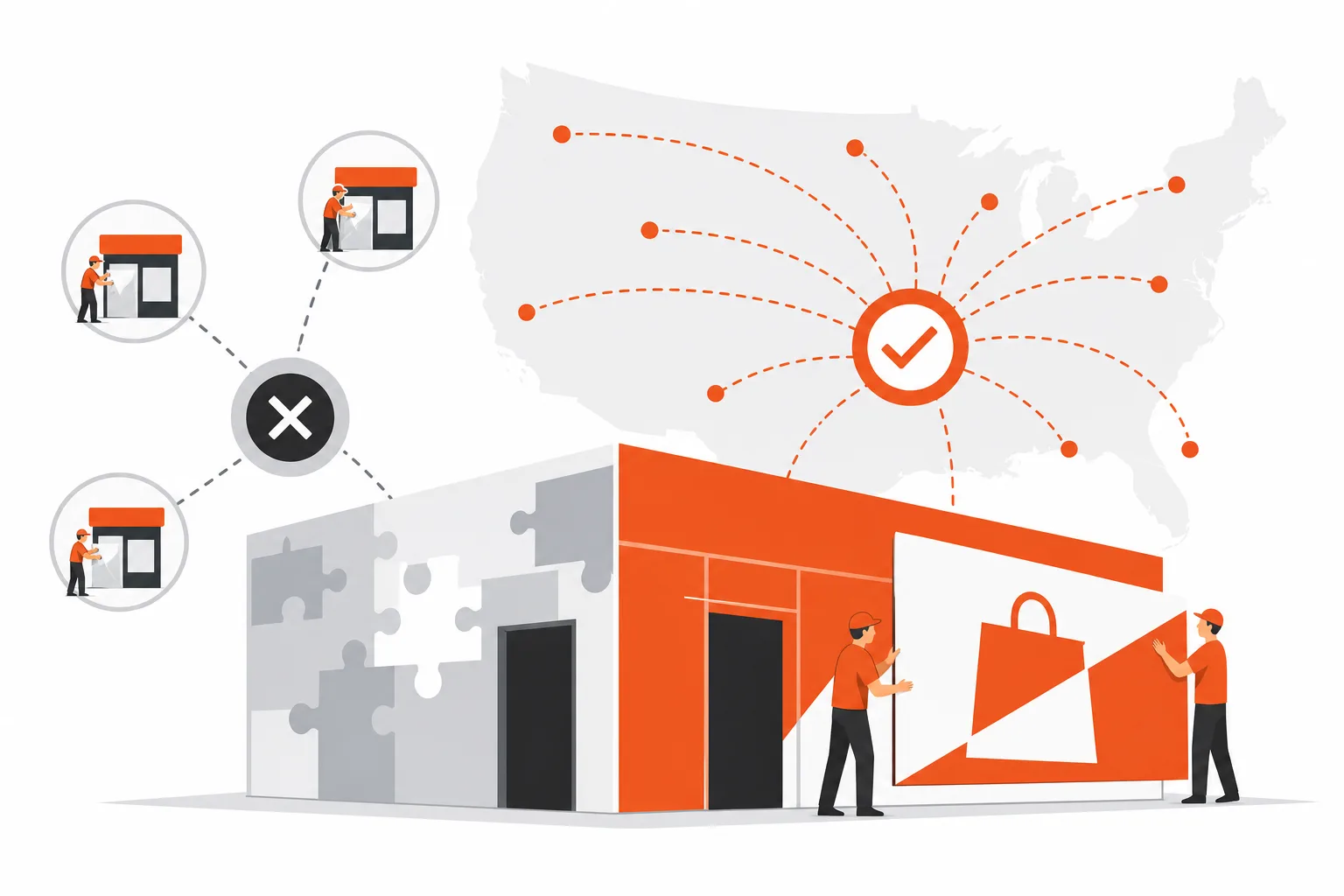 National retail hoarding rollout: a single coordinated vendor installing branded barricade graphics across multiple US locations, compared with a disconnected studio-by-studio approach