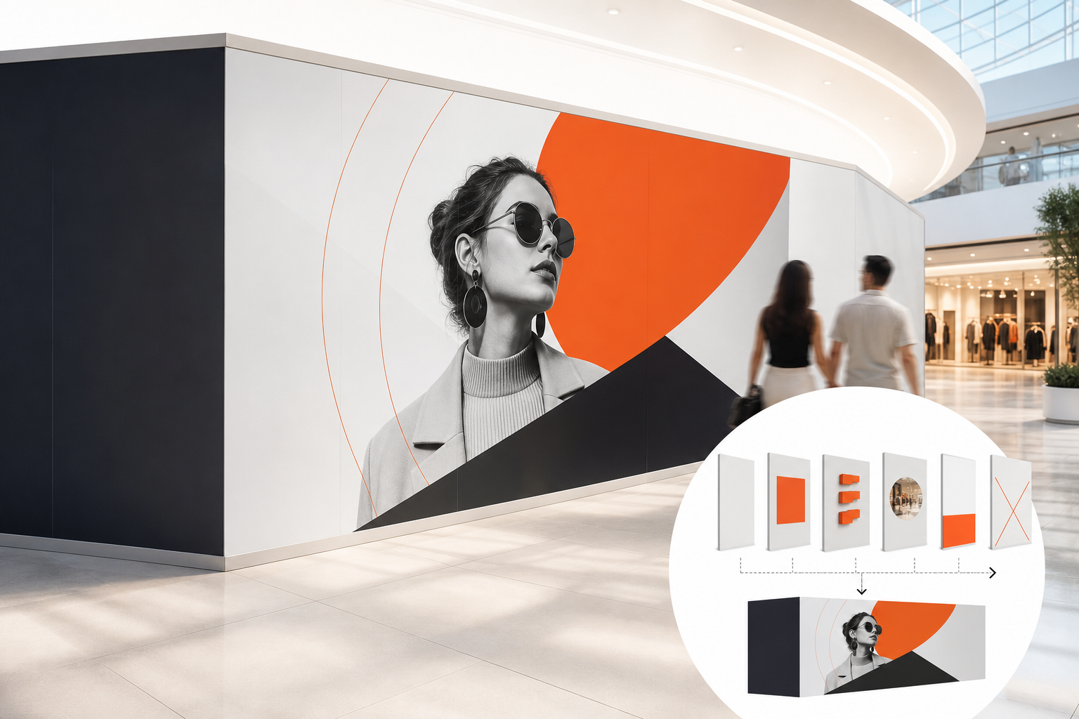 Mall hoarding barrier wrapped in bold orange and charcoal store opening graphics, with an inset diagram comparing hoarding panel sign options