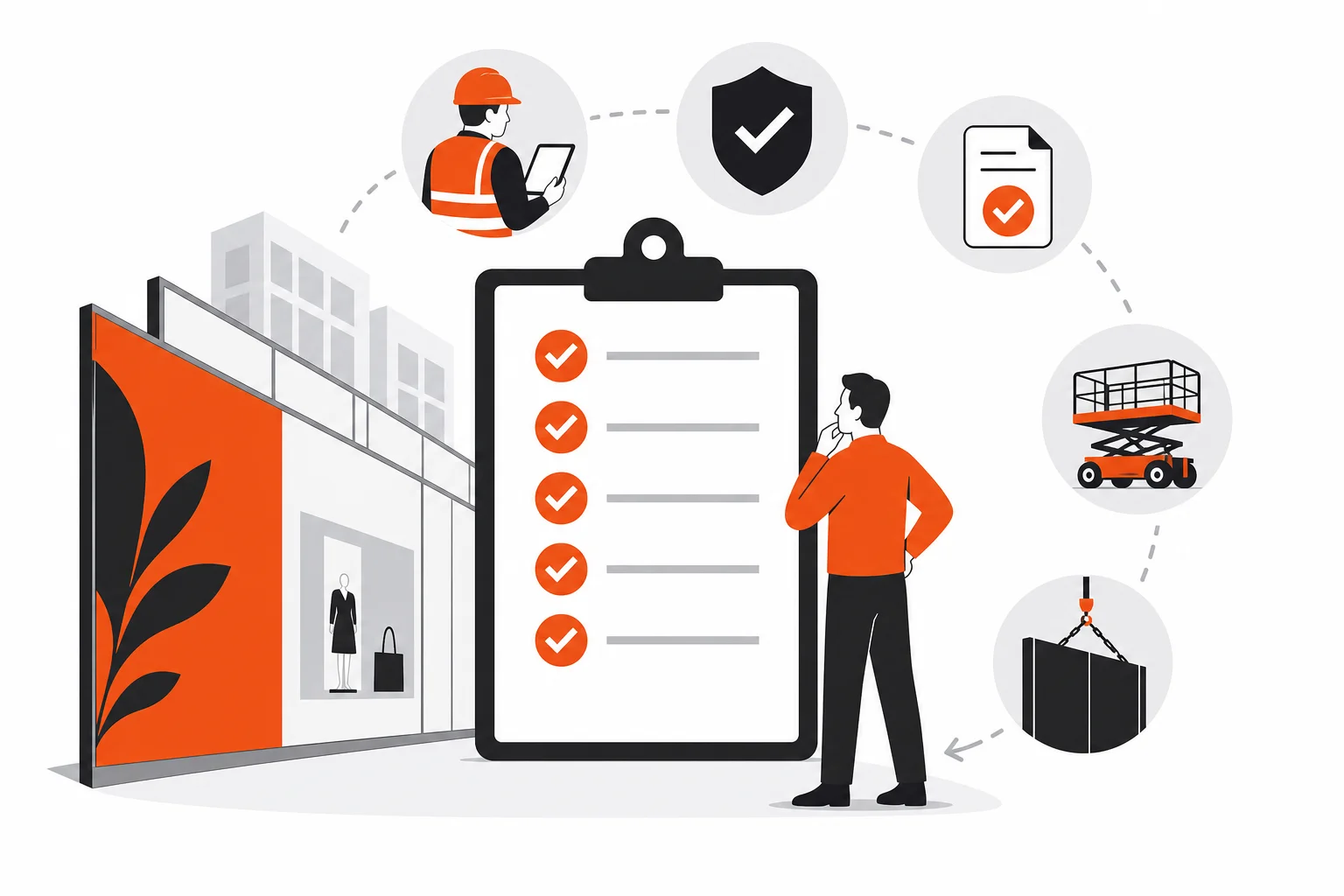 Hoarding graphics vendor review checklist with installer credentials, approvals, materials and installation steps