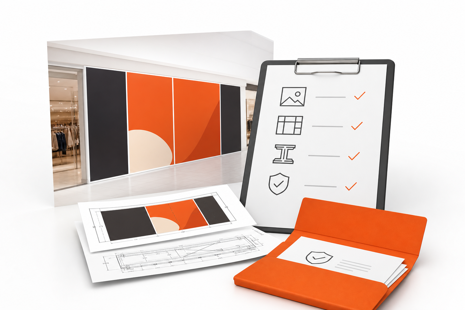 Mall hoarding panel mockup shown beside an approval checklist on a clipboard, a panel layout drawing, and a submission document folder
