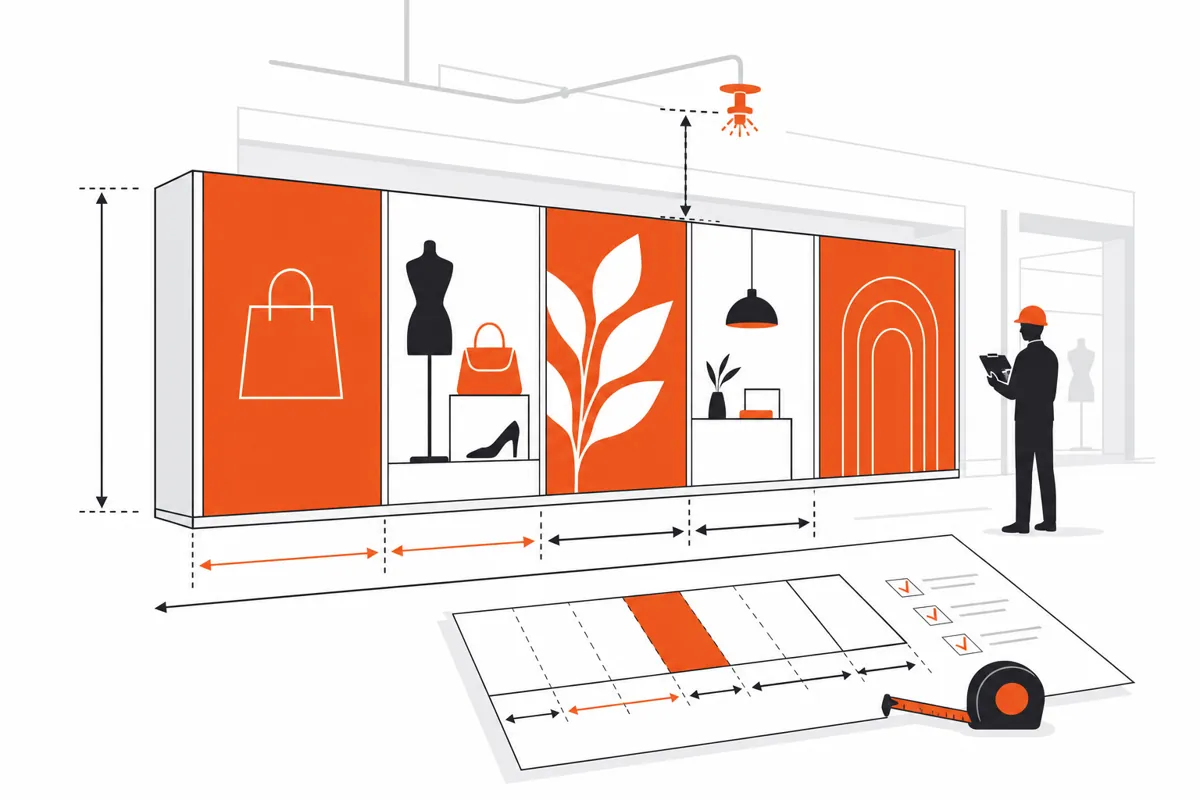 Illustration of a retail storefront barricade graphics layout with panel divisions