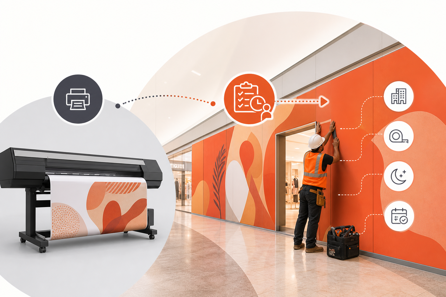Large-format printer producing hoarding artwork, connected to an installer mounting orange branded hoarding panels in a mall corridor