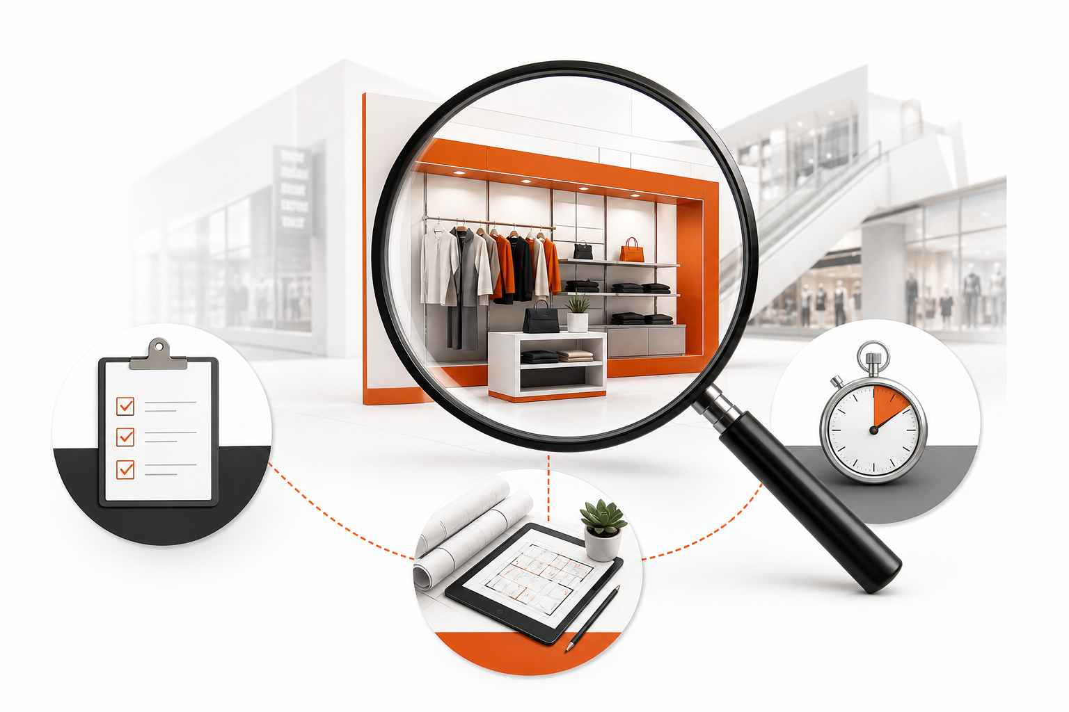 Magnifying glass over an orange-framed retail storefront in a mall, linked to a checklist, a tablet with a hoarding panel layout, and a stopwatch