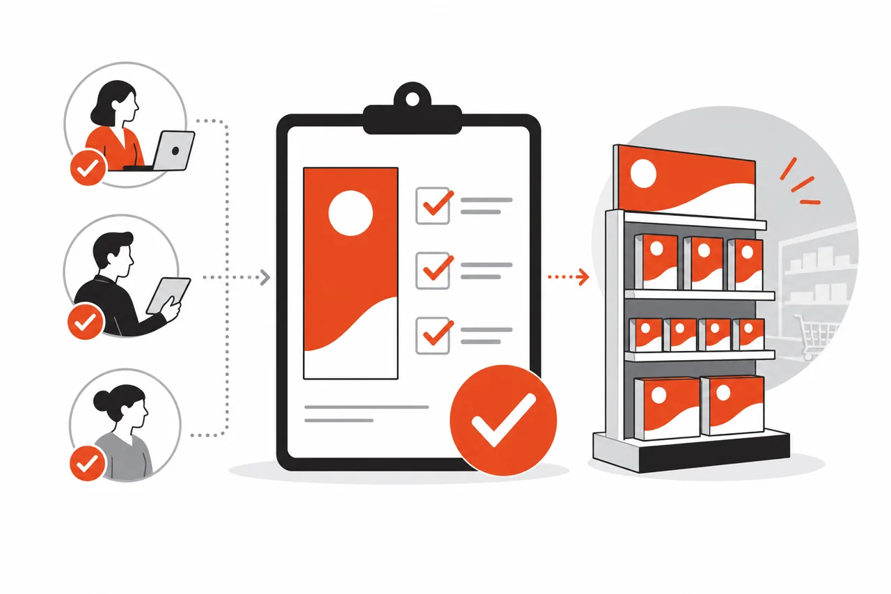Retail brand compliance graphics illustration showing an artwork review and graphics approval workflow