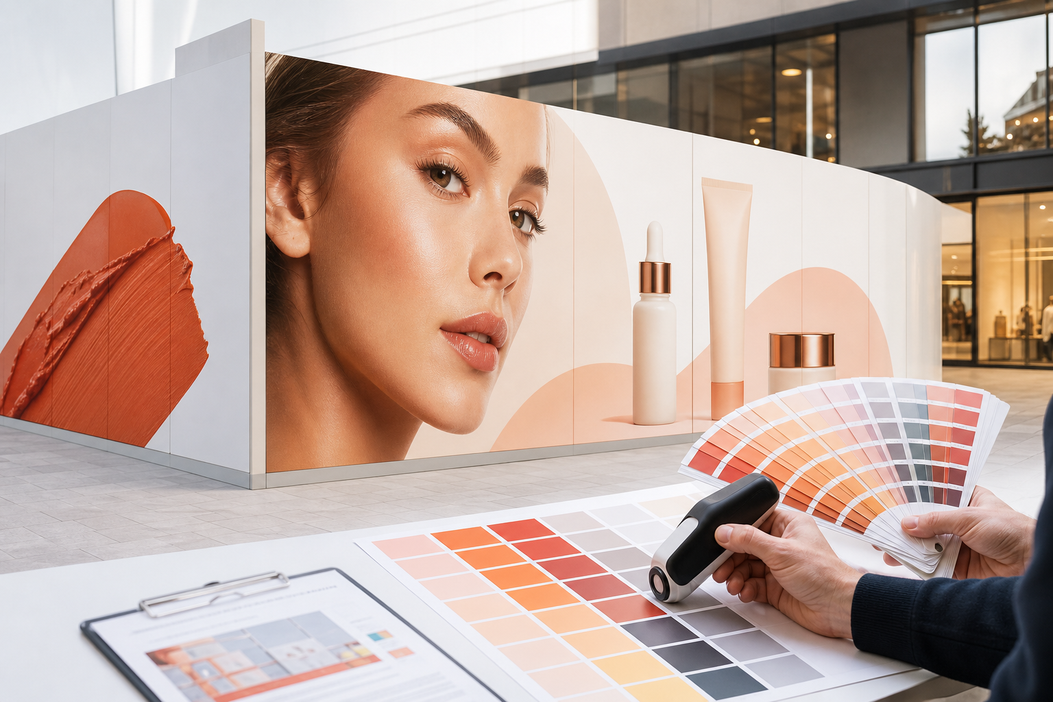 Beauty retail hoarding wall with large-format skincare imagery beside colour swatch fans and a spectrophotometer used for print colour matching