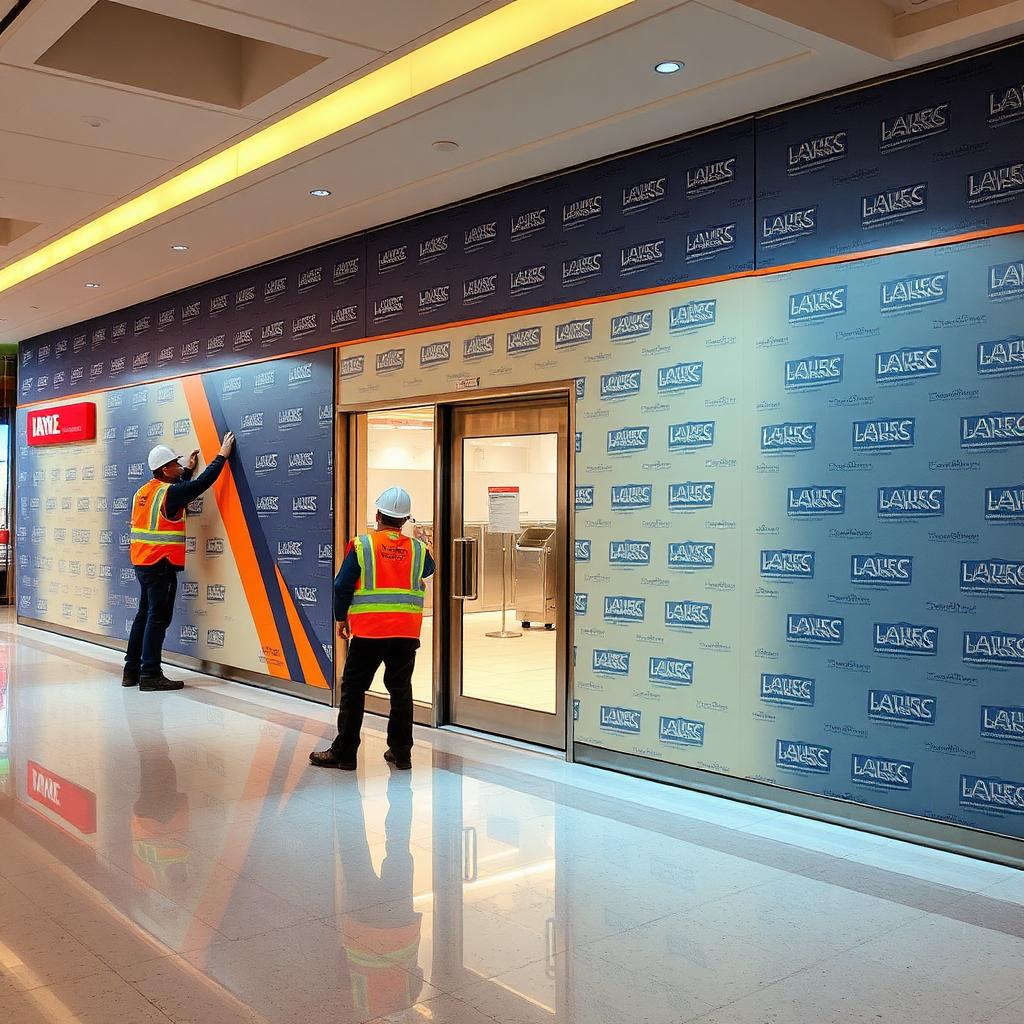 Overnight install crew fitting a branded hoarding wall around a retail storefront under renovation in a North American shopping mall