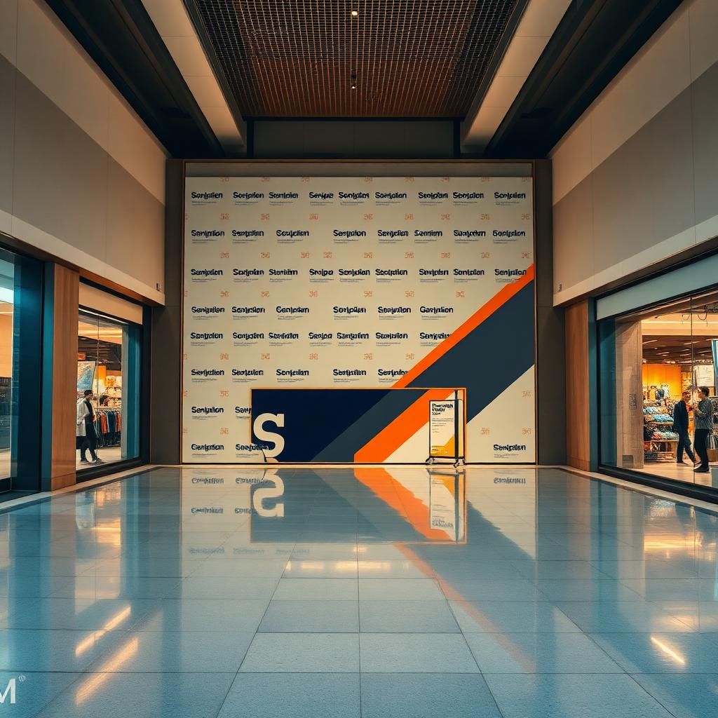 Interior mall corridor with branded construction hoarding covering a tenant fit-out in the Lower Hudson Valley