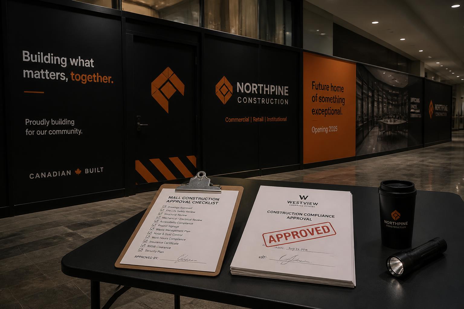 Branded construction hoarding panels in a closed mall corridor with an approval checklist and stamped compliance document on a table