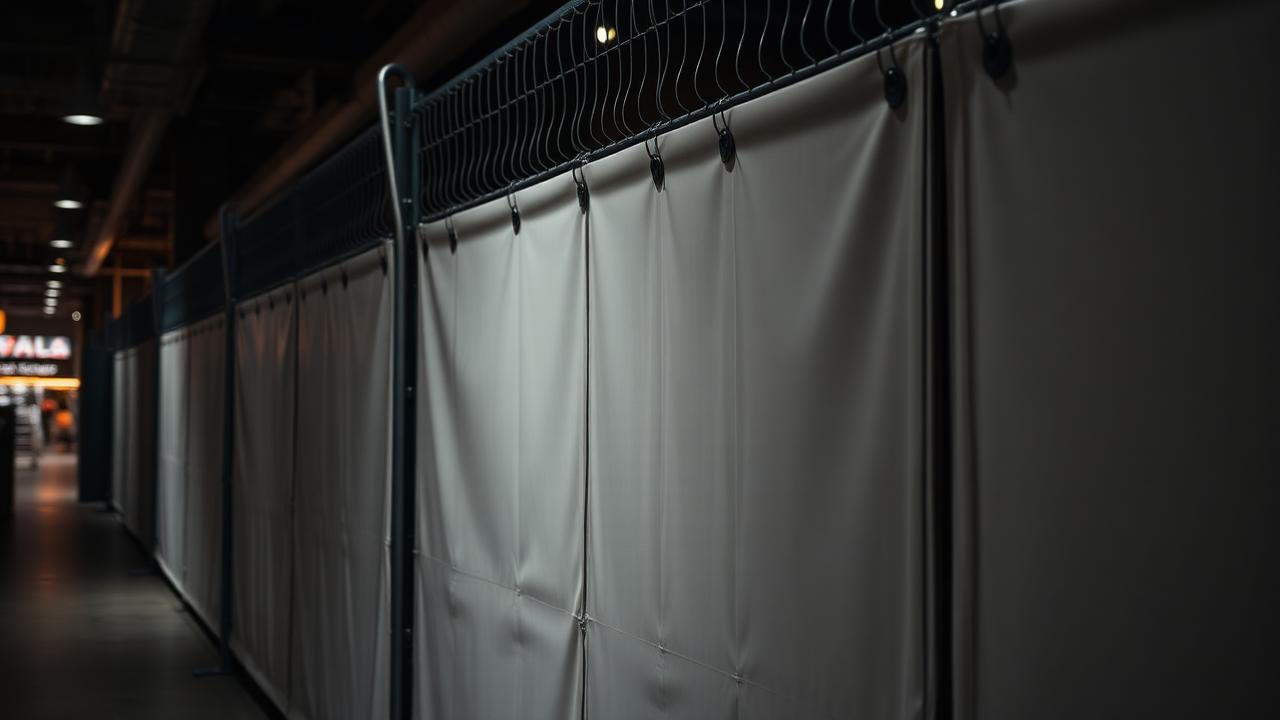 Temporary construction fence wrapped with large-format printed panels inside a retail mall