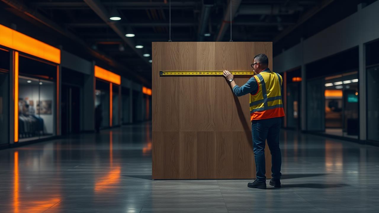 Installer measuring a temporary construction hoarding panel in an empty shopping mall before graphics are applied