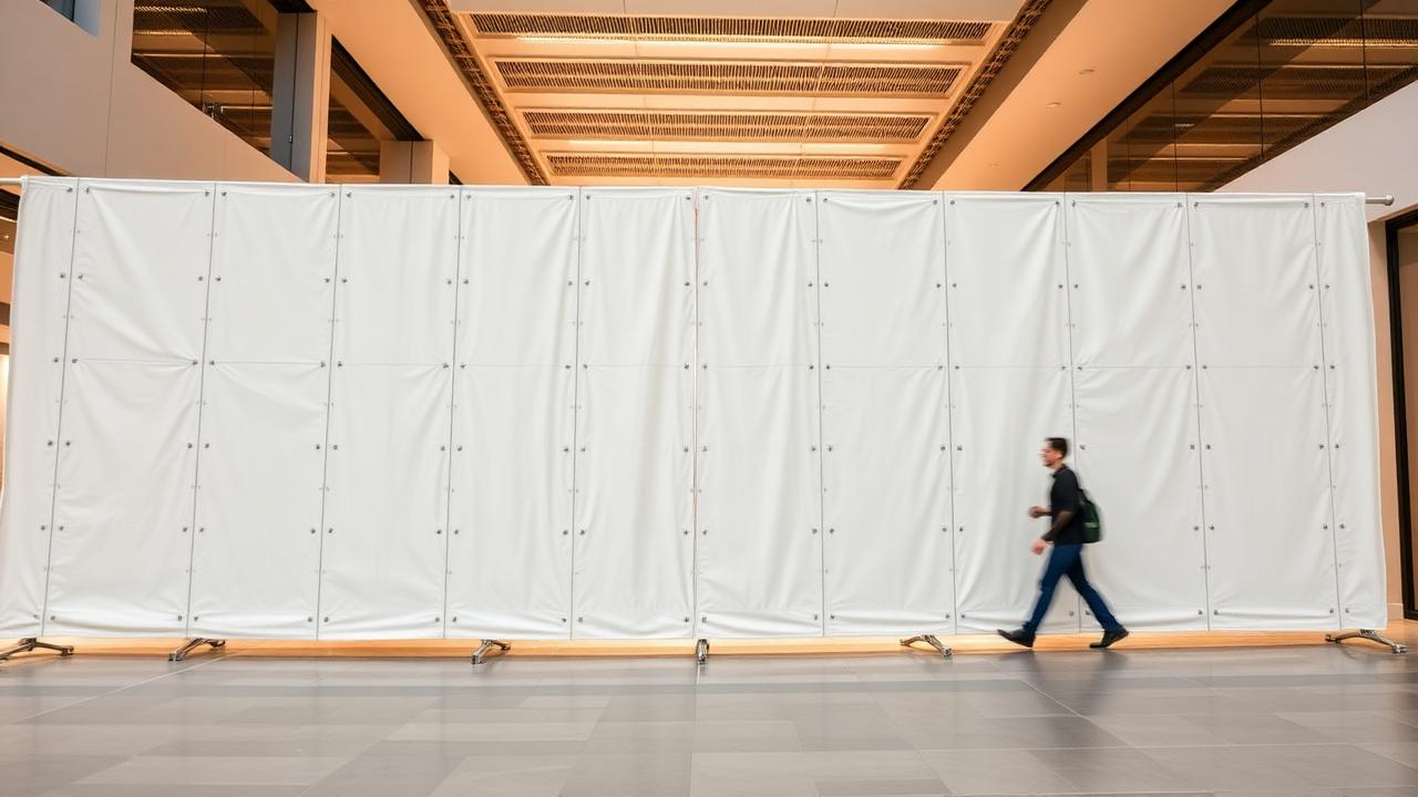 Unbranded construction hoarding barrier panels installed across a mall concourse