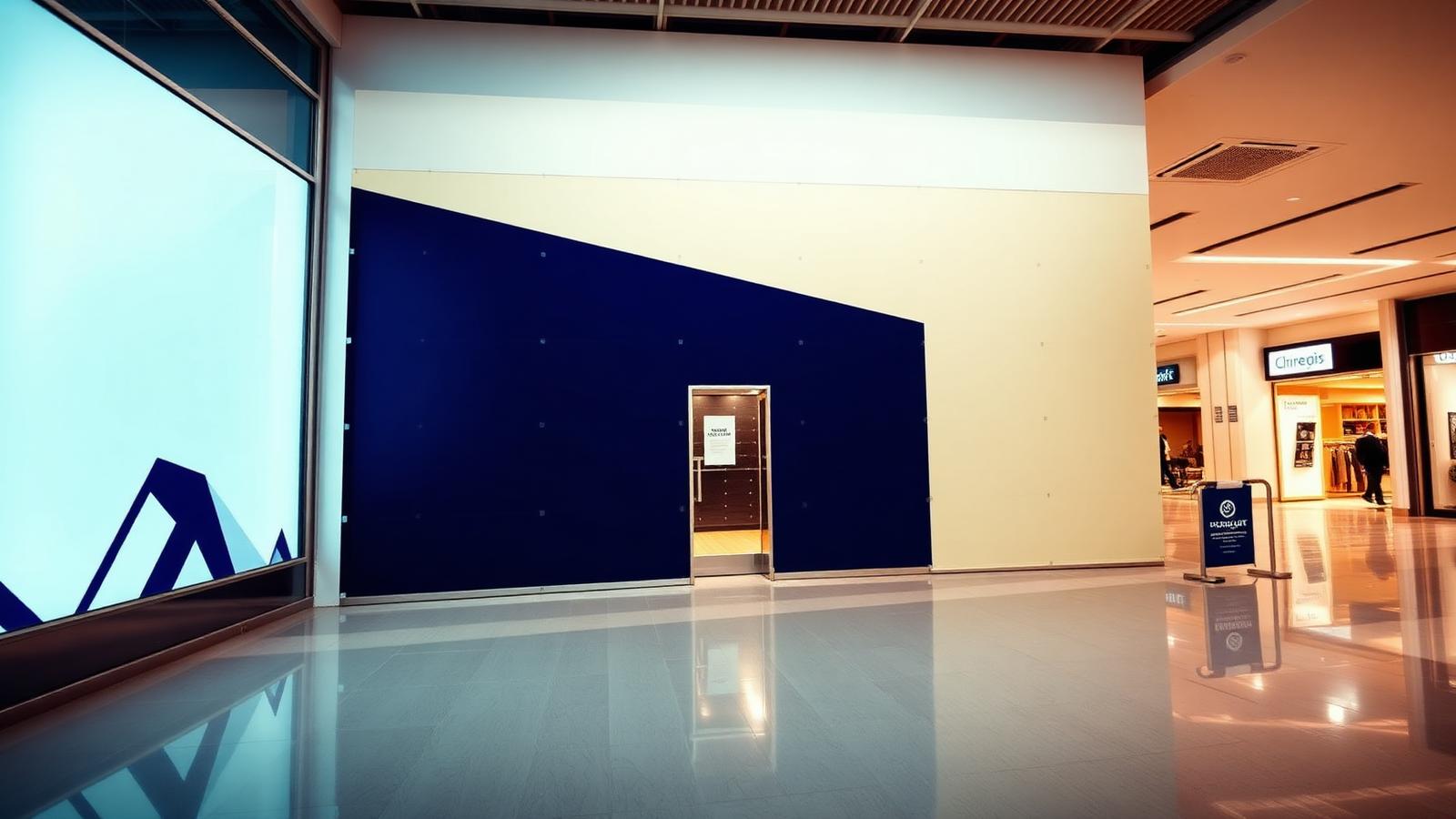 Branded hoarding graphics wall covering a retail storefront under renovation in a mall corridor