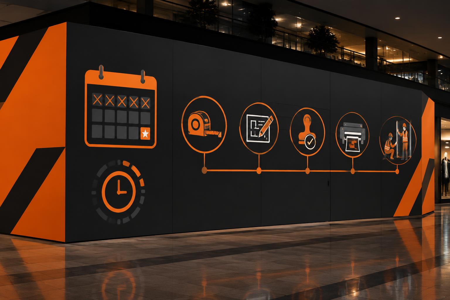 Branded mall hoarding wall with a timeline from site survey to overnight installation