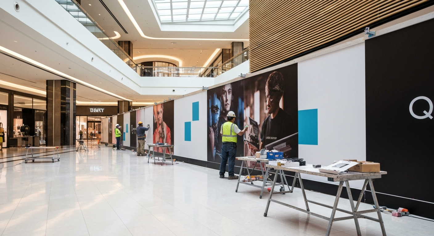 Construction hoarding wall inside a major Canadian shopping centre with branded retail graphics during a tenant fit-out