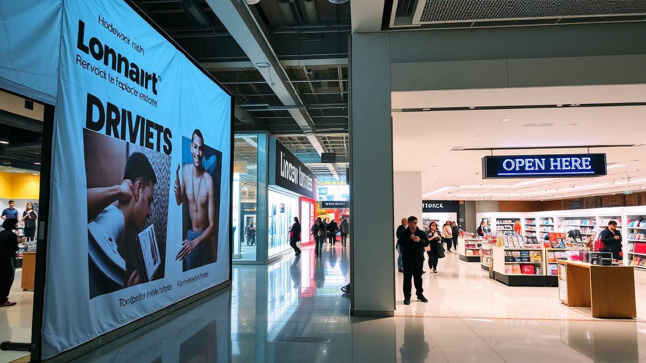 Retail store mid-renovation with a branded hoarding wall on one side and a hero product display near the open entry