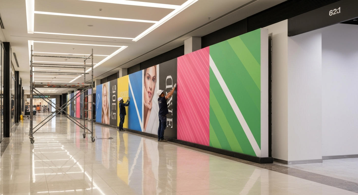 Installers applying large-format colour-blocked retail hoarding graphics to a long mall storefront barrier ahead of a store opening