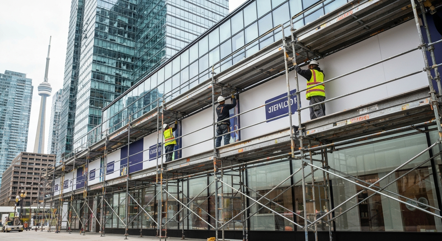 Installers on scaffolding fitting branded hoarding graphic panels along a downtown Toronto retail storefront with the CN Tower visible in the background