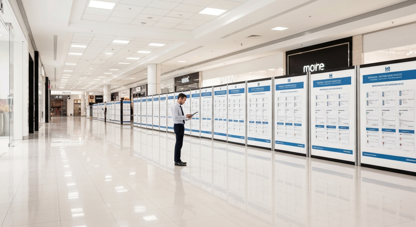Tenant coordinator reviewing approved hoarding graphic panels in a Vancouver mall corridor before a retail fit-out install
