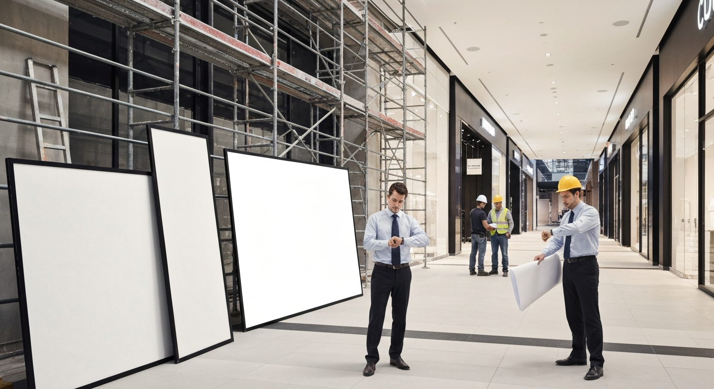 Two project managers checking watches with blank hoarding panels and scaffolding behind them inside a mall under construction, signalling timeline pressure on a store opening