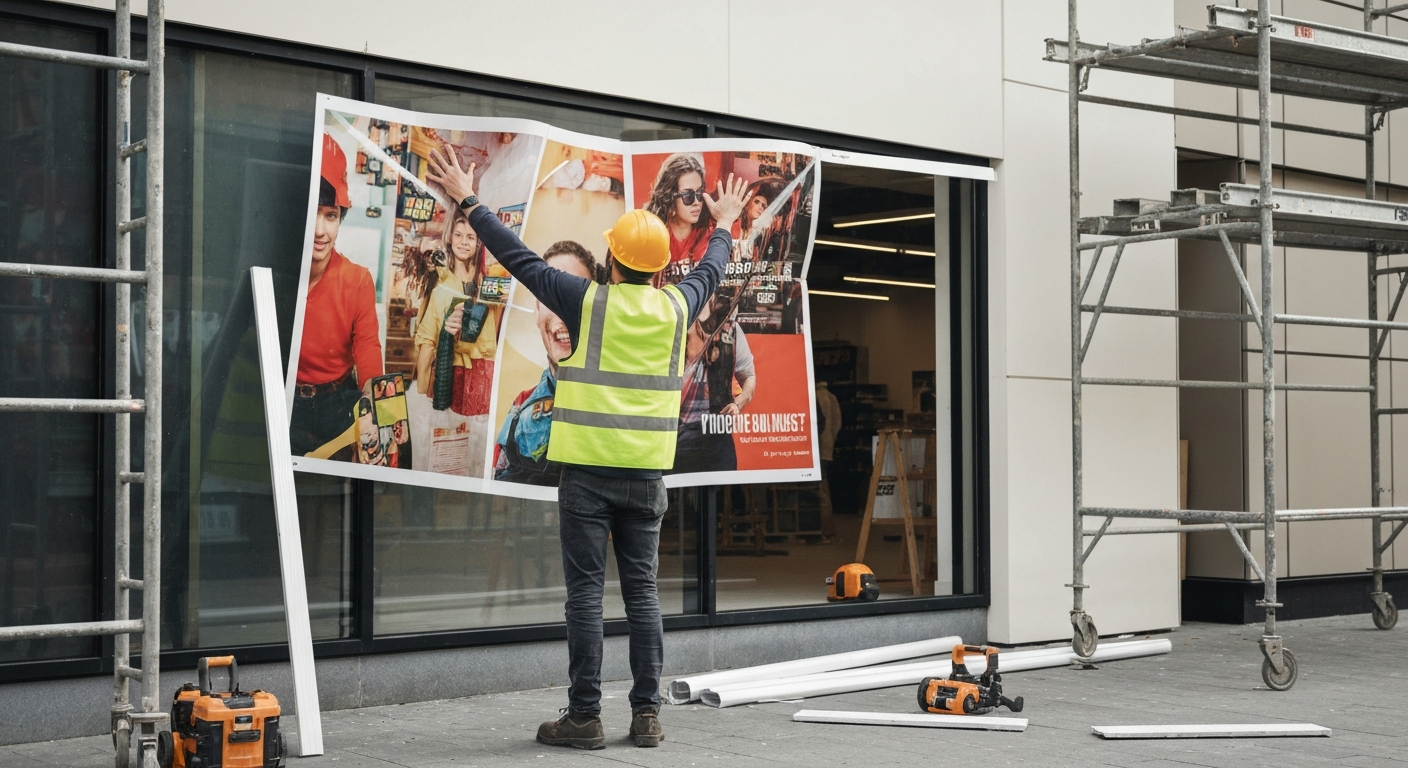 Installer in a hard hat and hi-vis vest holding a misaligned hoarding graphic panel against a storefront window during a failed install on a construction site