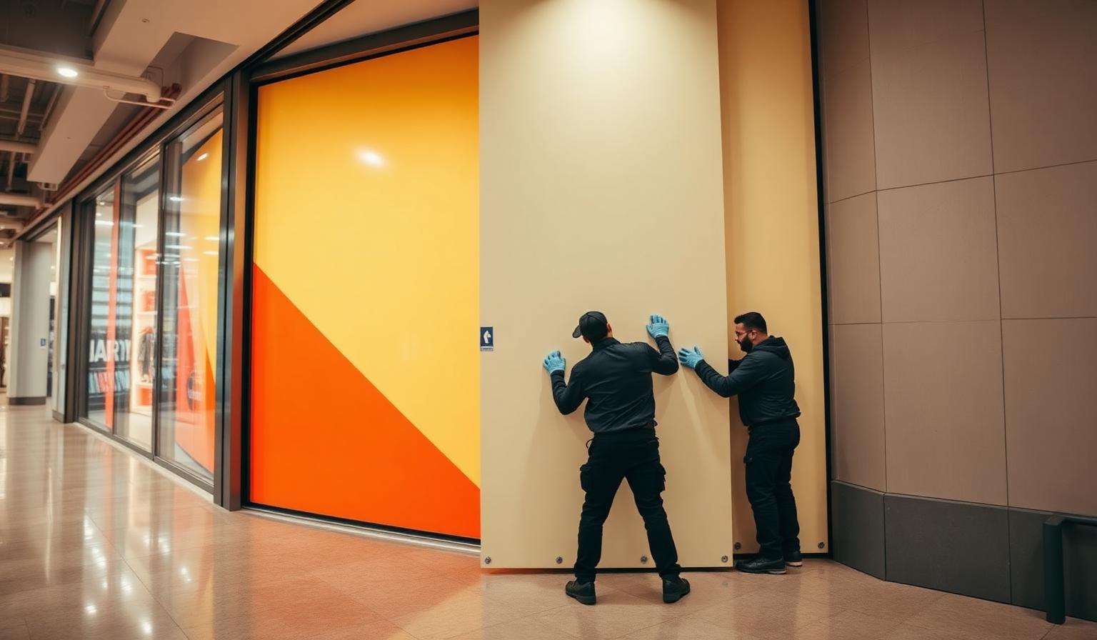 Installers mounting branded hoarding panels in a mall corridor
