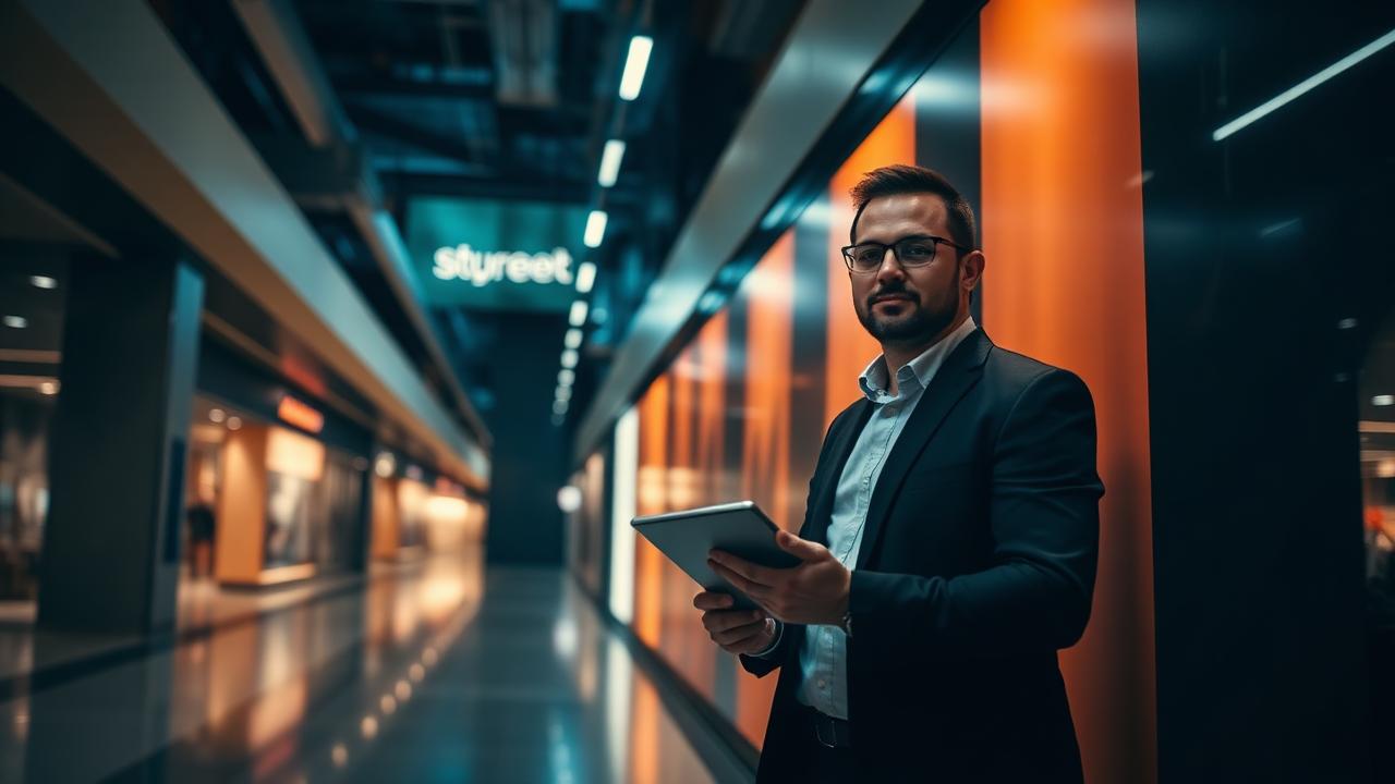 Leasing coordinator with a tablet beside a branded retail hoarding wall in a mall corridor during fit-out