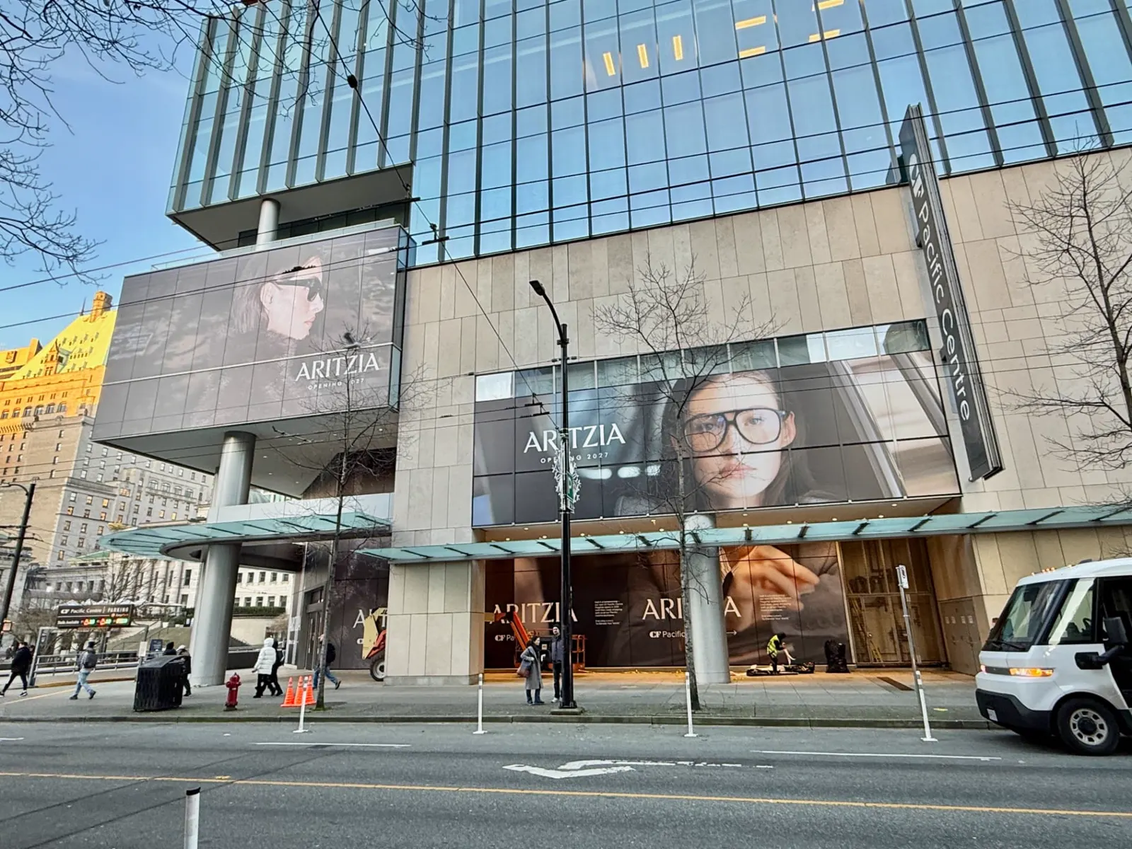 Full elevation of Aritzia window graphics across eight rows of glazing at CF Pacific Centre
