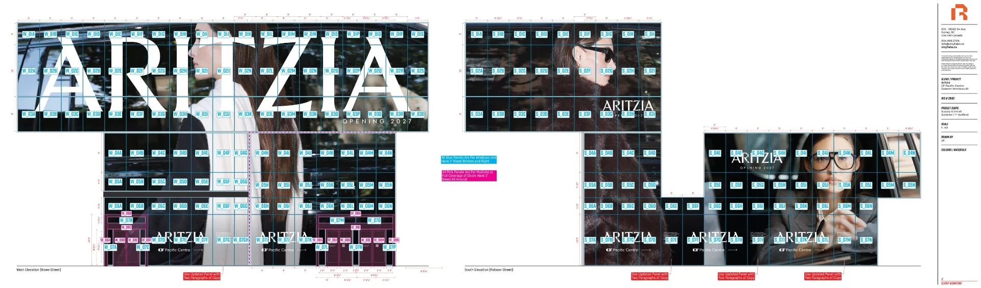 1:40 install map of the Aritzia window graphics: West elevation on Howe Street and South elevation on Robson Street, every panel tagged by elevation, row and position